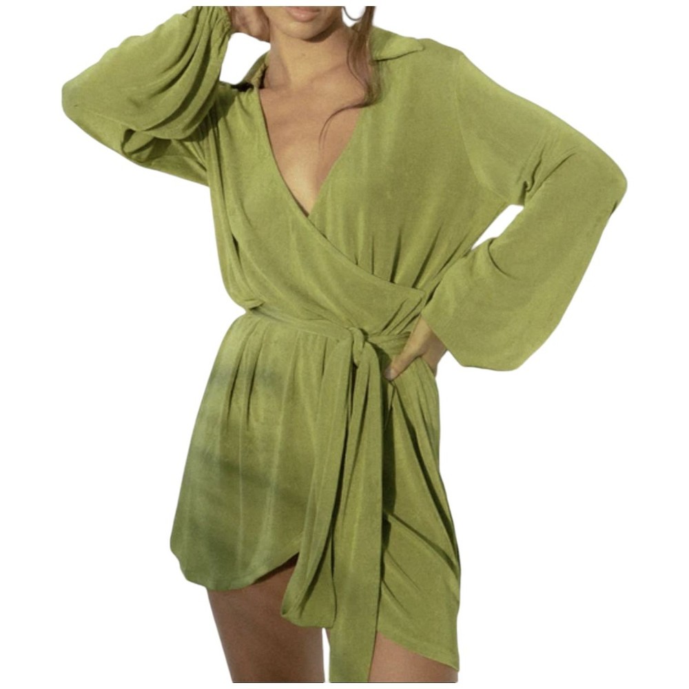 Princess Polly Party Time Green Faux Wrap V-Neck Balloon Sleeve Mini Dress Sz 6